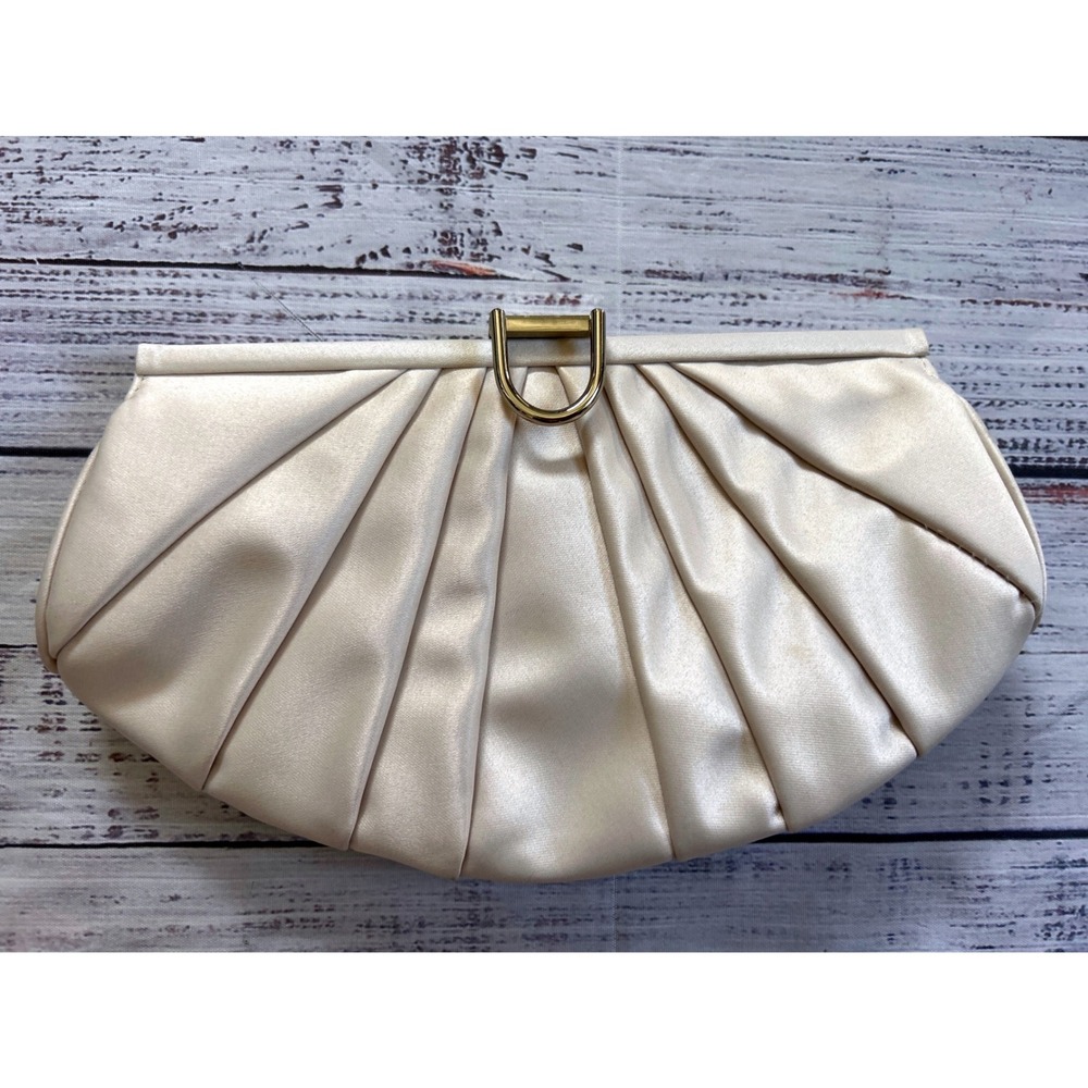 Ann Taylor Clutch Women Cream Pleated Satin Gold Hardware Frame Bag